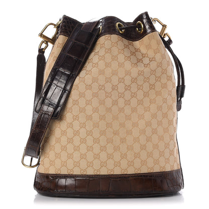 Gucci Monogram Crocodile Drawstring Shoulder Bag Dark Brown 1 of 7