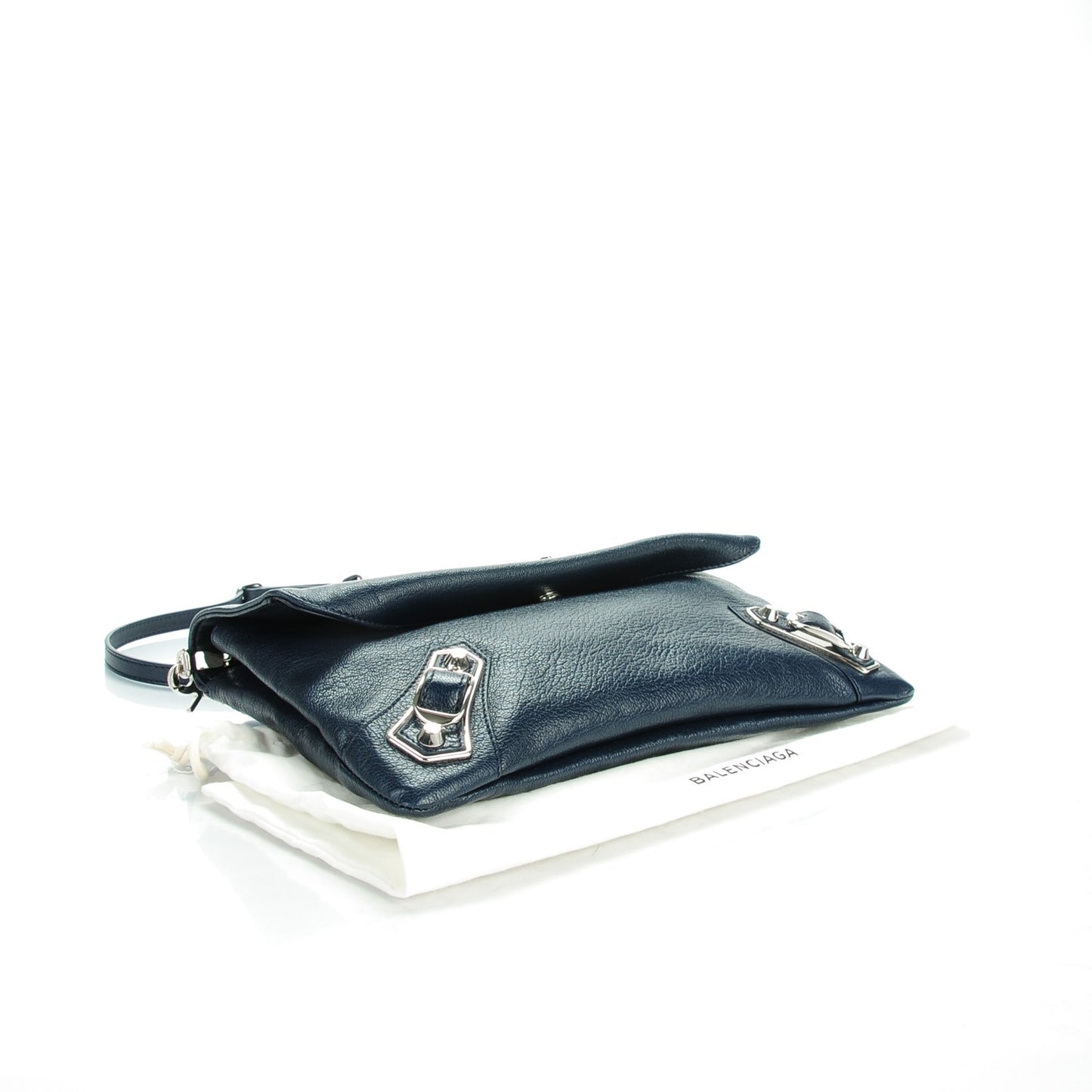 Chevre Silver Metallic Edge Hardware Envelope Clutch Bleu Nuit