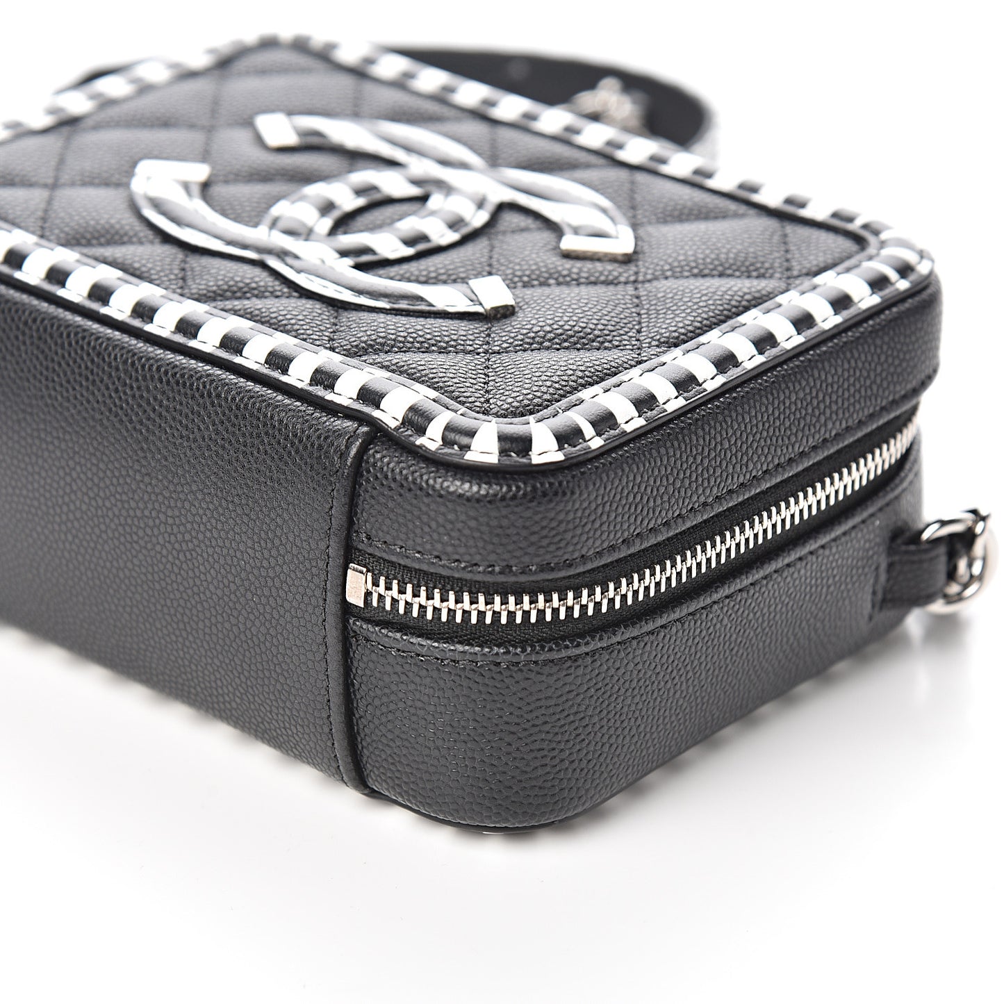Caviar Quilted Striped Filigree Vanity Clutch With Chain Black White