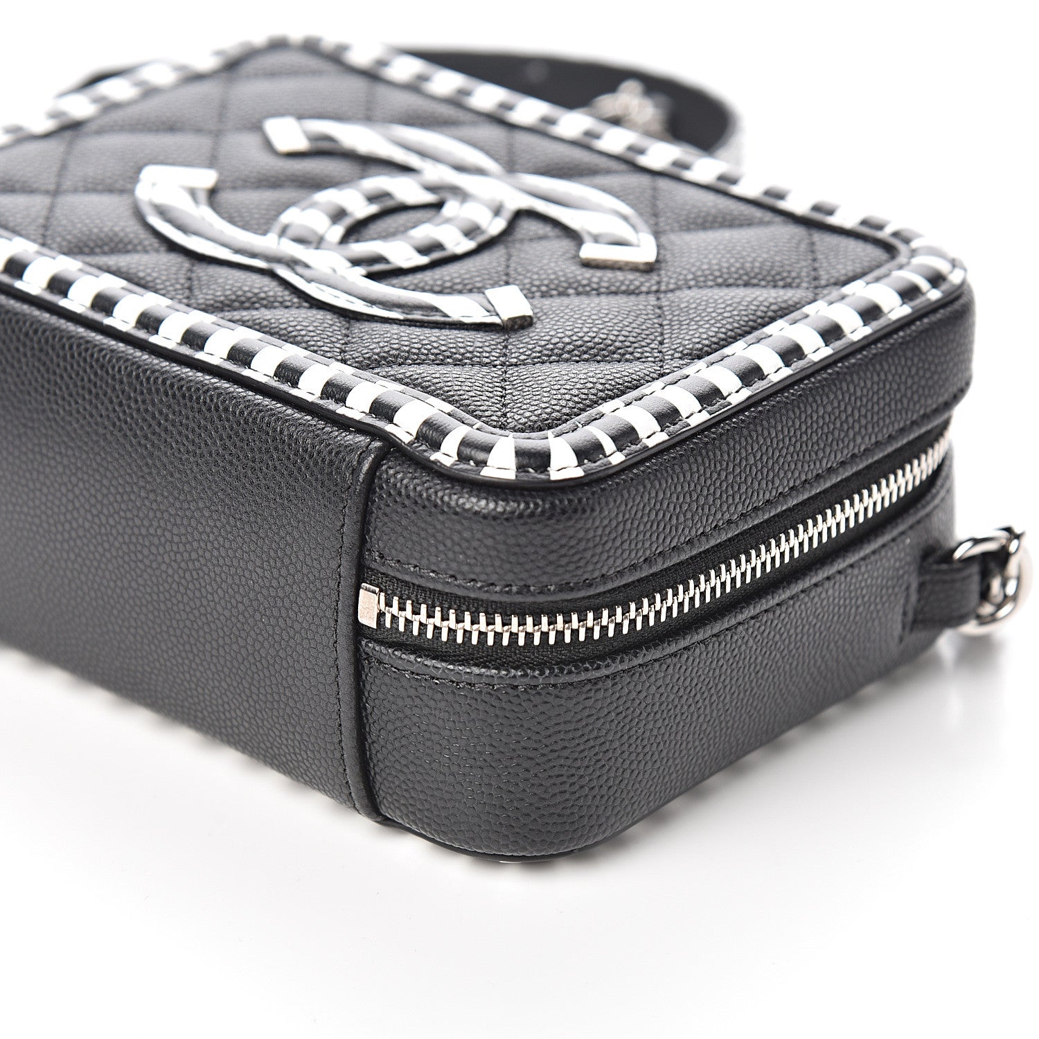 Chanel Caviar Quilted Striped Filigree Vanity Clutch With Chain Black White 8 of 9
