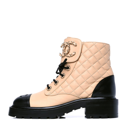 Chanel Lambskin Calfskin Quilted Lace Up Combat Boots 37.5 Beige Black 1 of 4