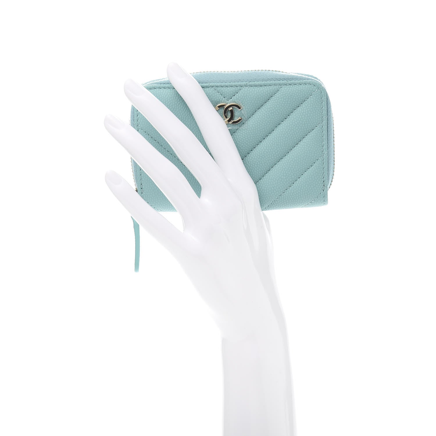 Chanel Caviar Flat Chevron Quilted Zip Coin Purse Green 2 of 10