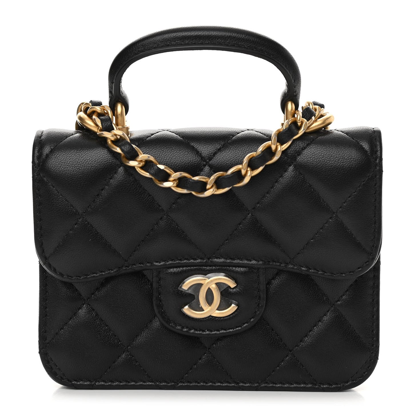 Lambskin Quilted Top Handle Flap Coin Purse With Chain Black
