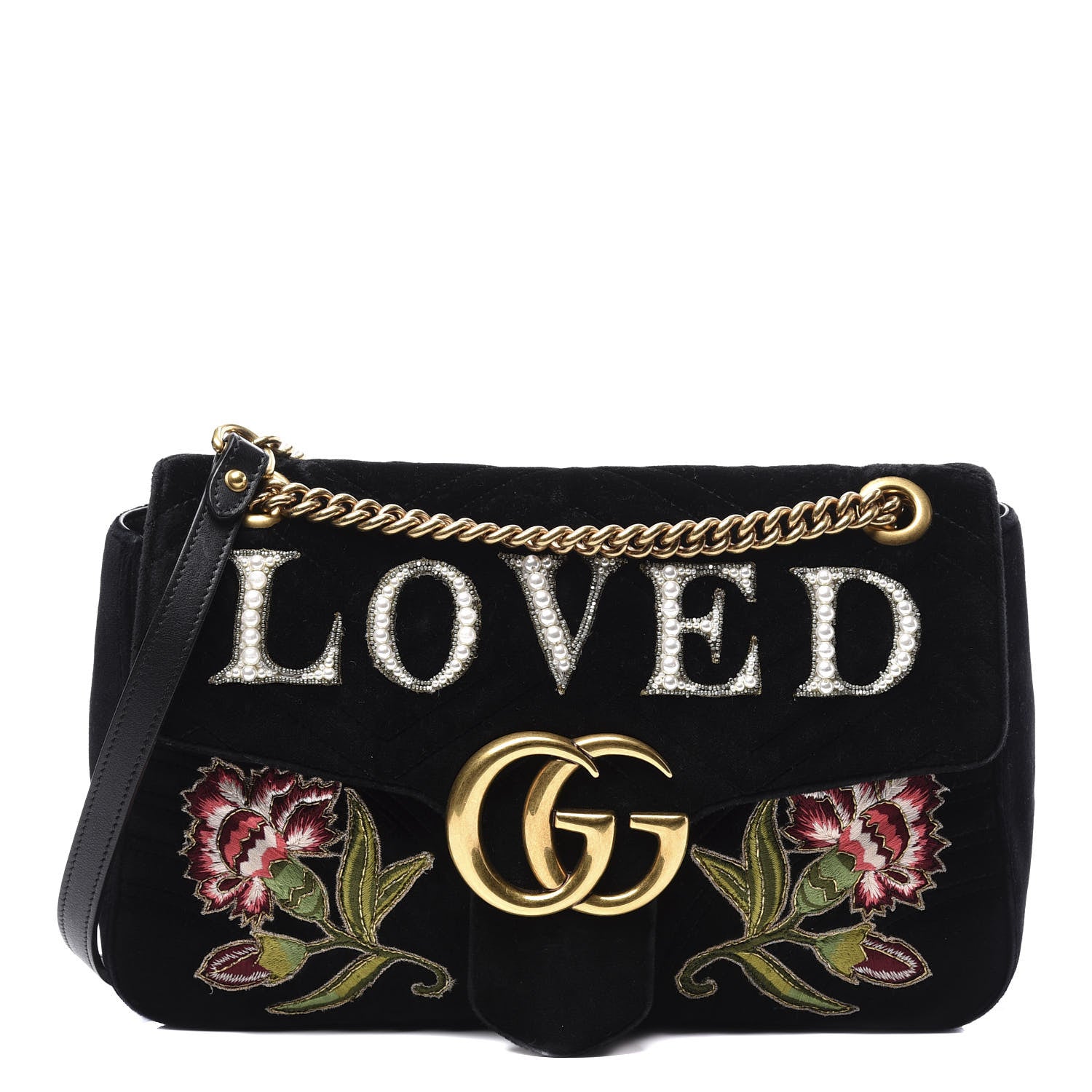 Gucci Velvet Matelasse Loved Embroidered Medium GG Marmont Shoulder Bag Black 1 of 12