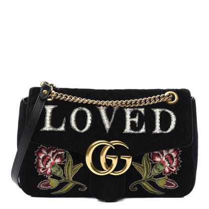 Gucci Velvet Matelasse Loved Embroidered Medium GG Marmont Shoulder Bag Black 1 of 12