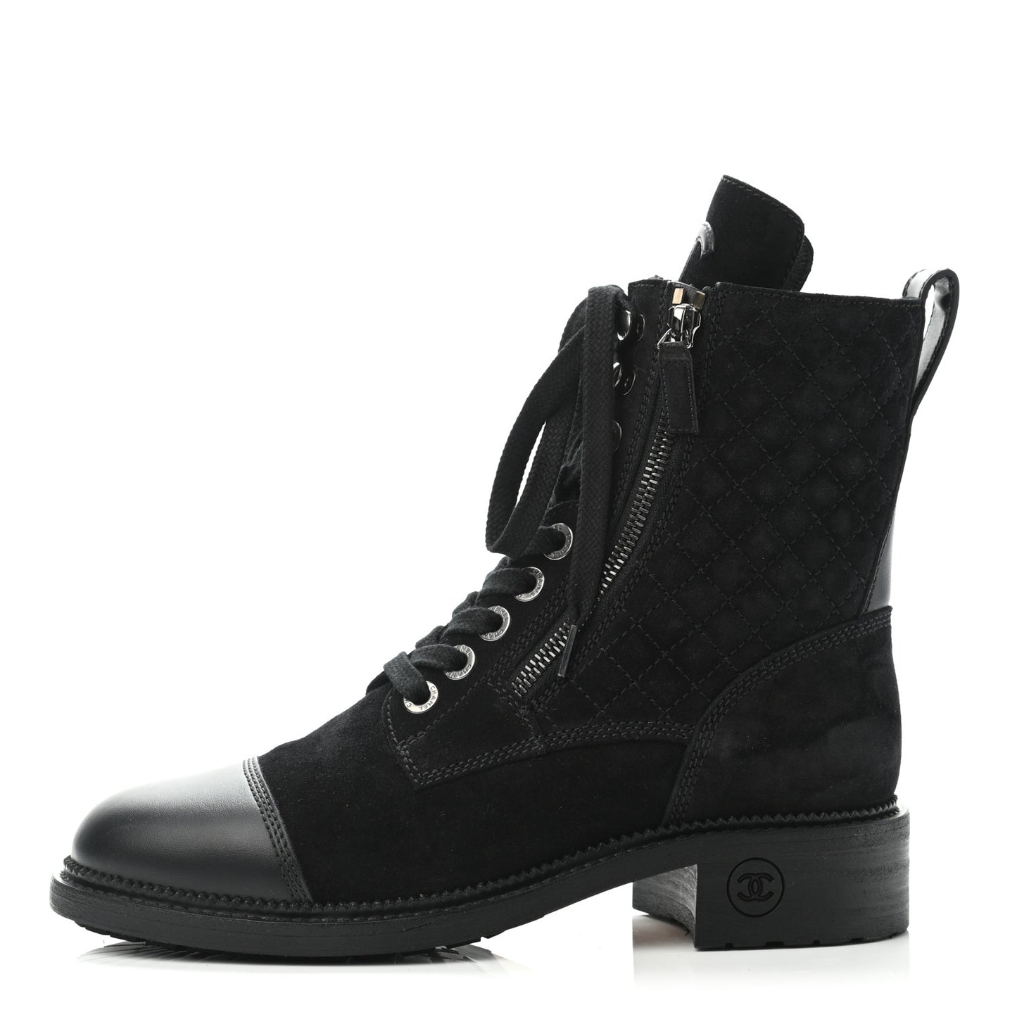 Suede Quilted CC Lace Up Combat Boots 39 Black