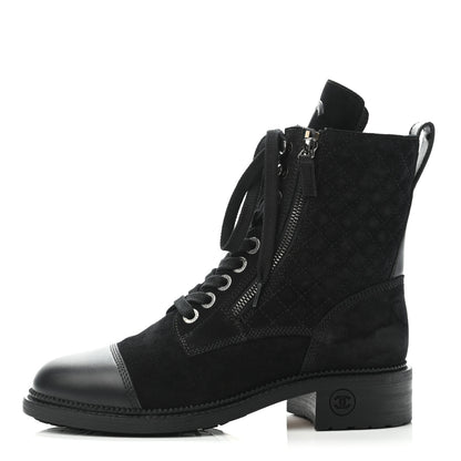 Chanel Suede Quilted CC Lace Up Combat Boots 39 Black 1 of 4
