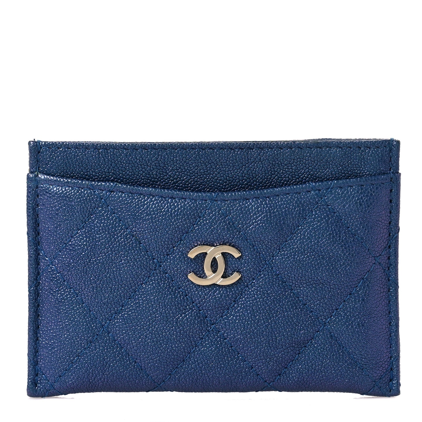 Iridescent Caviar Quilted Card Holder Dark Blue