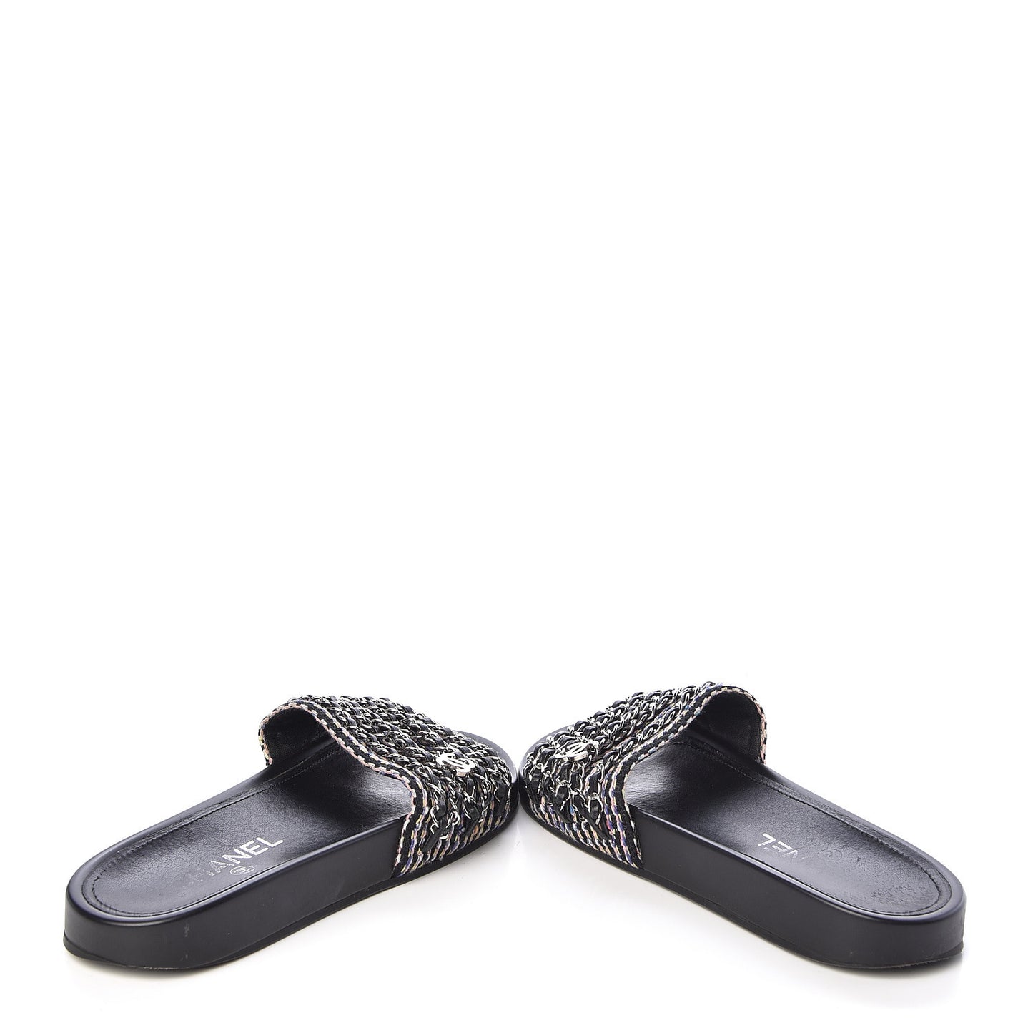 Tweed Lambskin Chain Flat Sandals 38 Black Multicolor