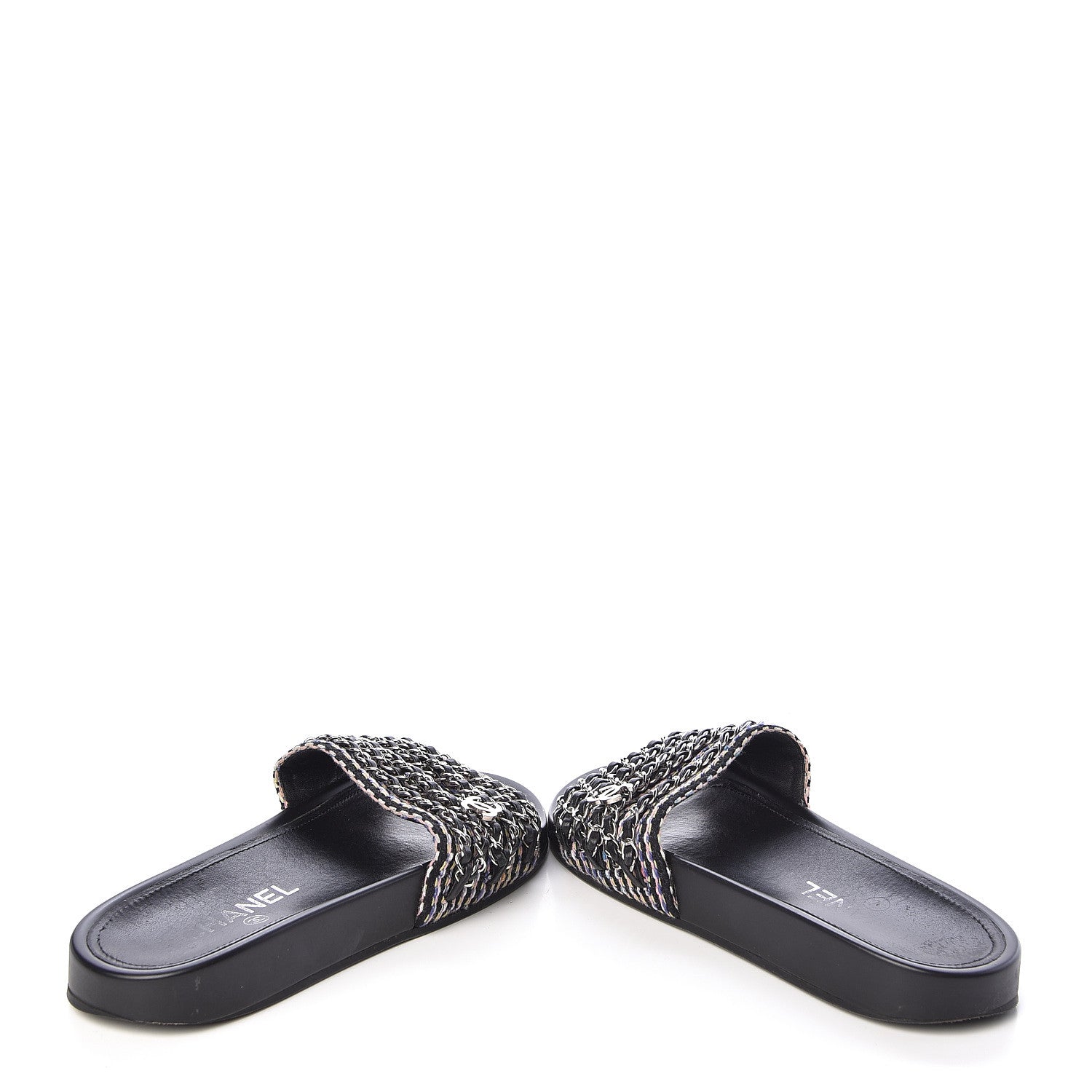 Chanel Tweed Lambskin Chain Flat Sandals 38 Black Multicolor 6 of 11
