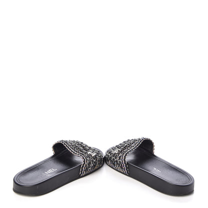 Chanel Tweed Lambskin Chain Flat Sandals 38 Black Multicolor 6 of 11