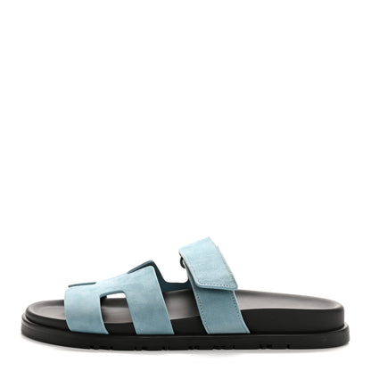 Hermes Suede Goatskin Womens Chypre Sandals 38 Bleu Mineral 1 of 9