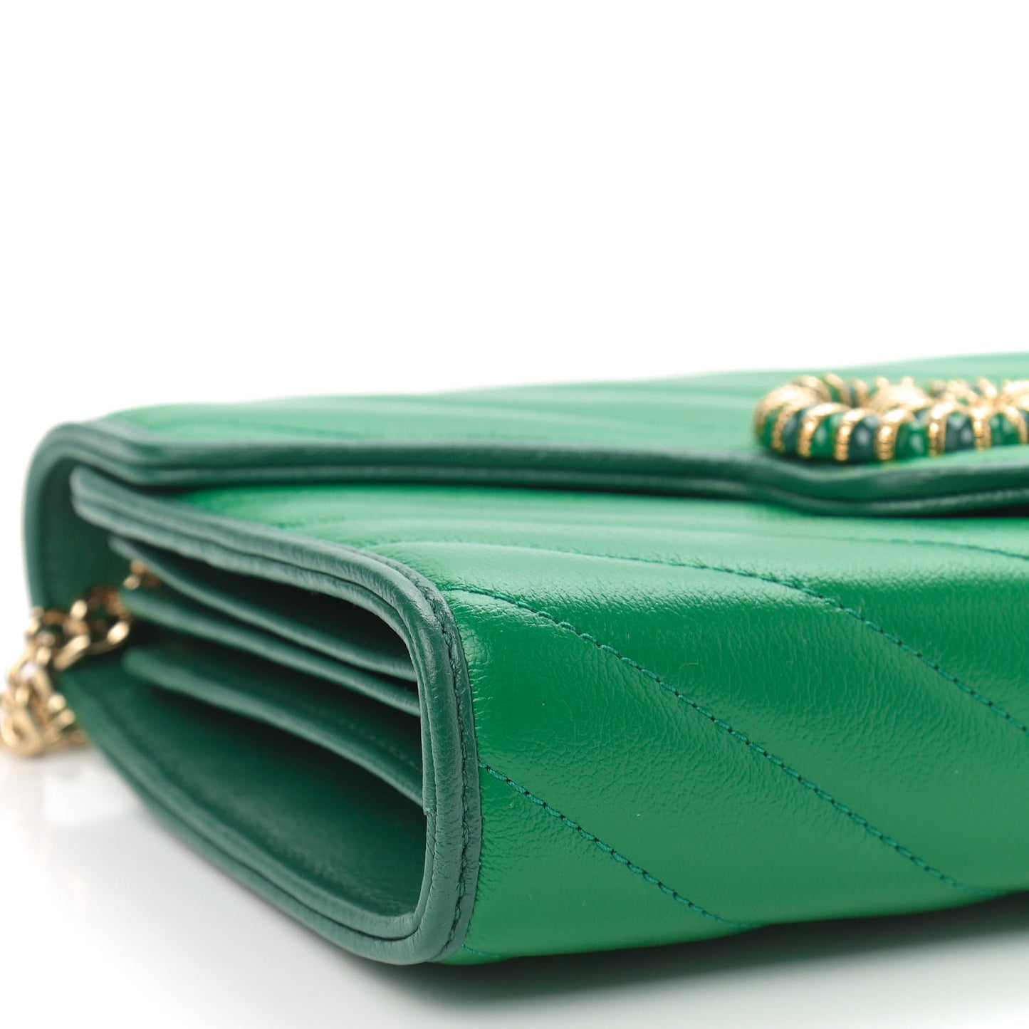 Azalea Calfskin Enamel Matelasse Diagonal Torchon GG Marmont Chain Wallet New Shamrock Emerald