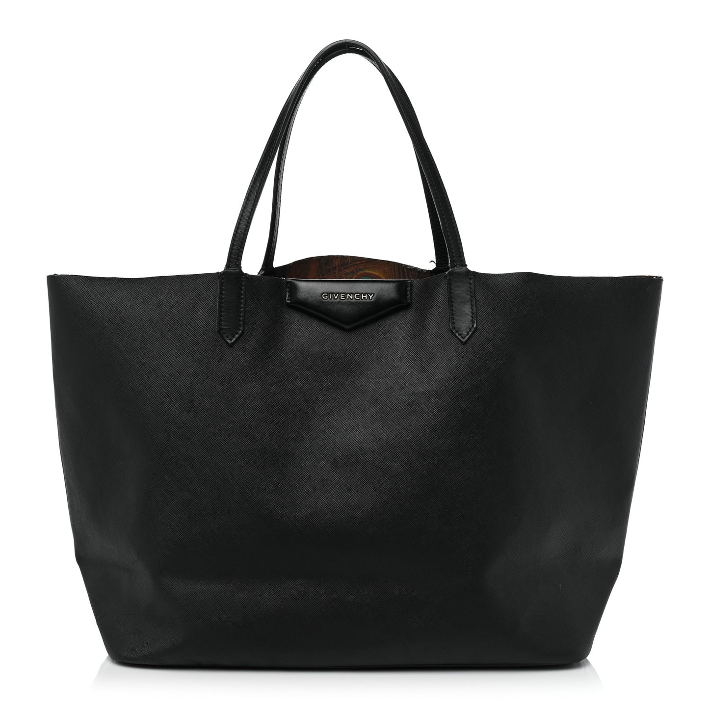 Textured Coated Canvas Peacock Print Large Antigona Tote Black