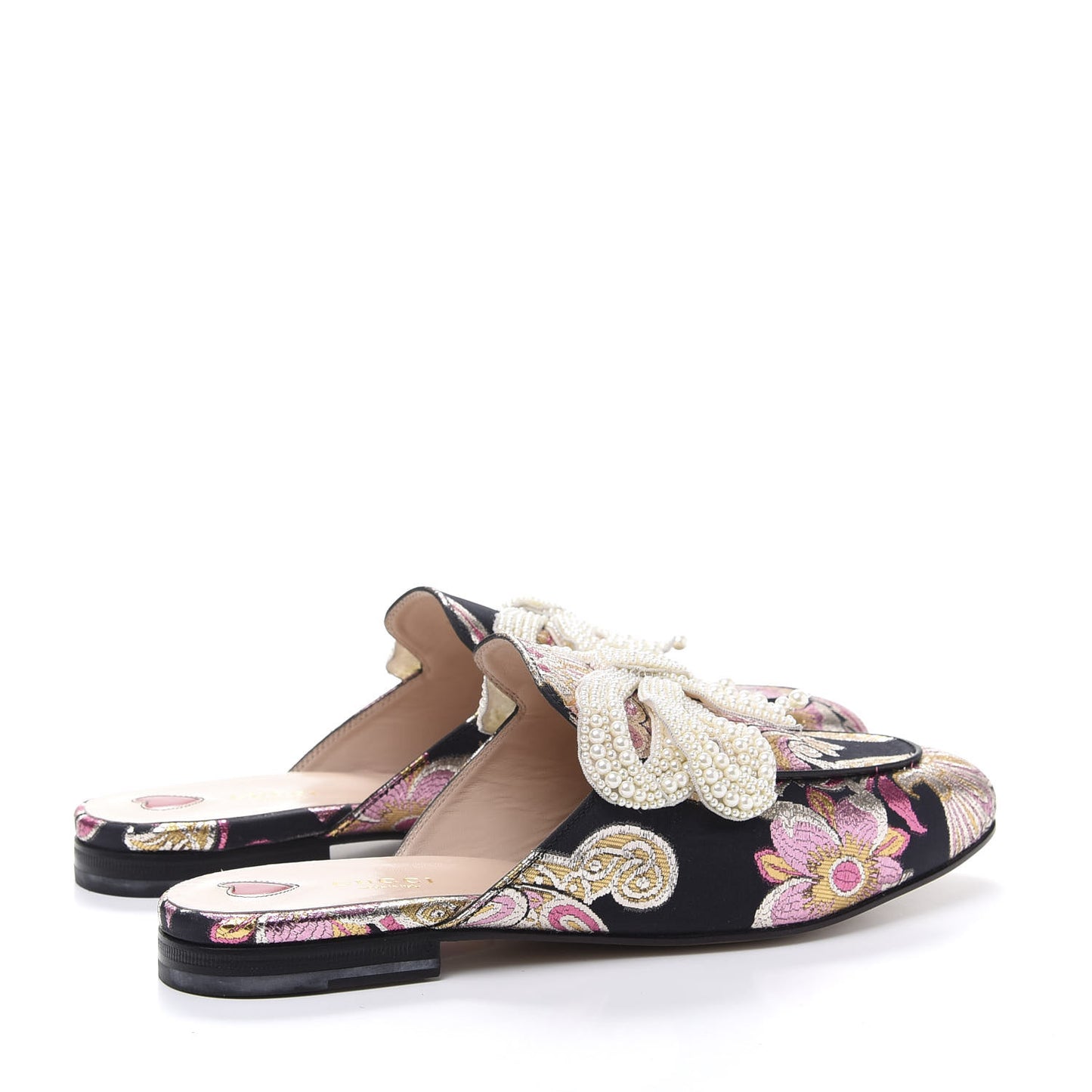 Iridescent Brocade Pearl Bow Womens Princetown Slippers 41 Black Pink