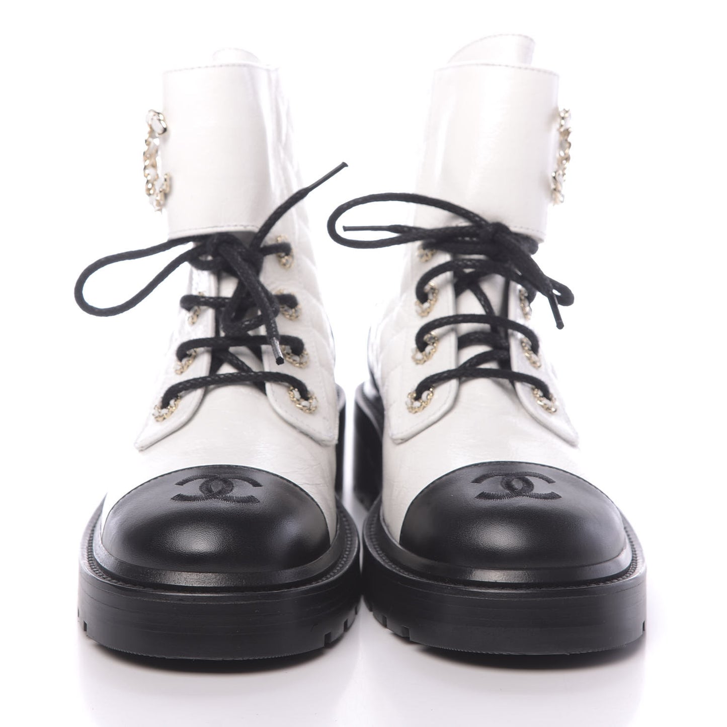 Shiny Goatskin Calfskin Quilted Lace Up Combat Boots 38.5 White Black