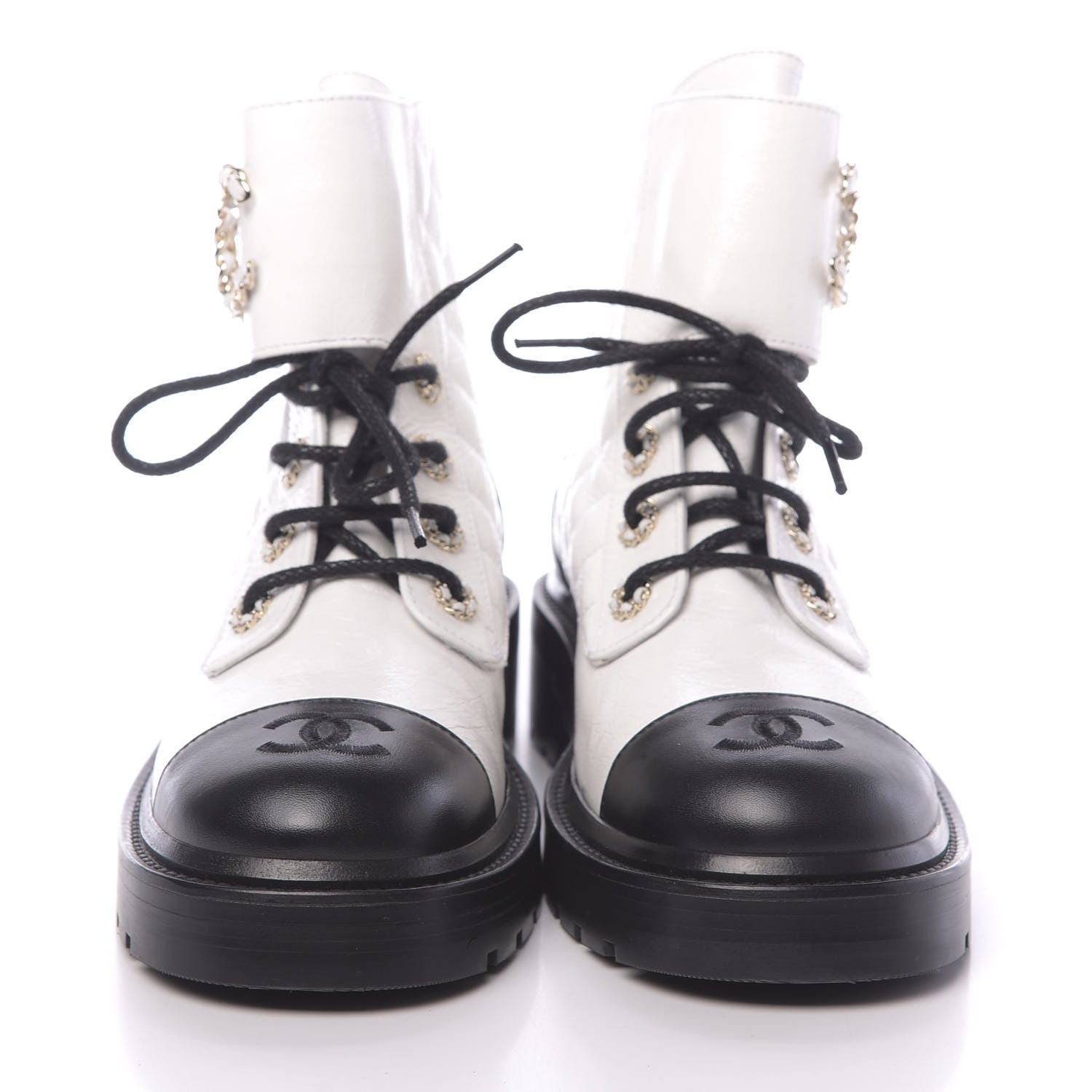 Chanel Shiny Goatskin Calfskin Quilted Lace Up Combat Boots 38.5 White Black 2 of 10