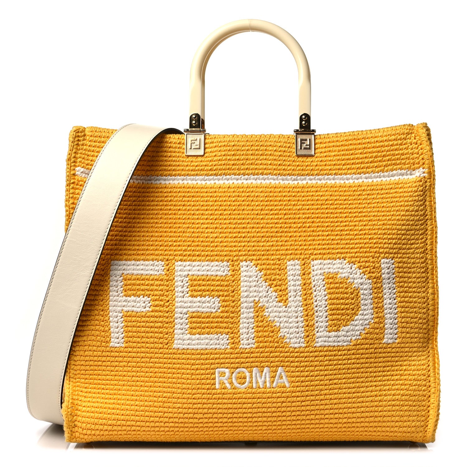 Fendi Crochet Vitello King Logo Plexiglass Medium Fendi Sunshine Shopper Tote Mimosa Panna 1 of 8