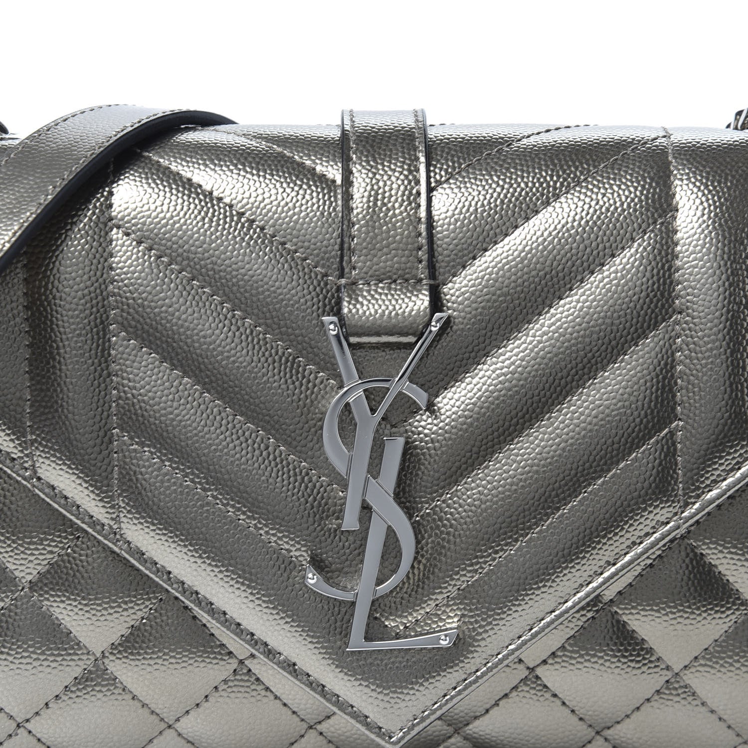 Saint Laurent Metallic Grain De Poudre Textured Mixed Matelasse Triquilt Small Monogram Satchel Piombo 8 of 8