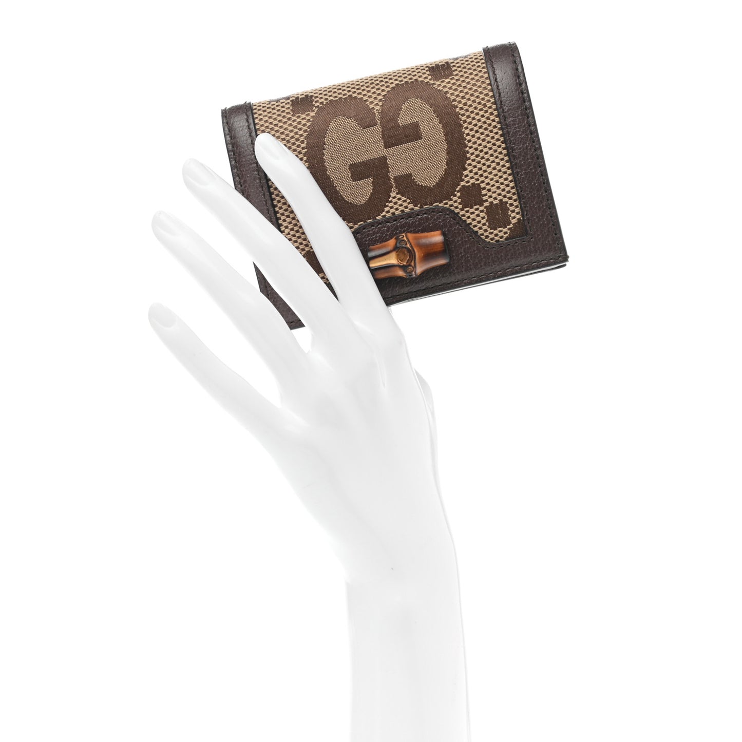 Monogram Jumbo GG Textured Dollar Calfskin Diana Card Case Wallet Camel Ebony New Acero
