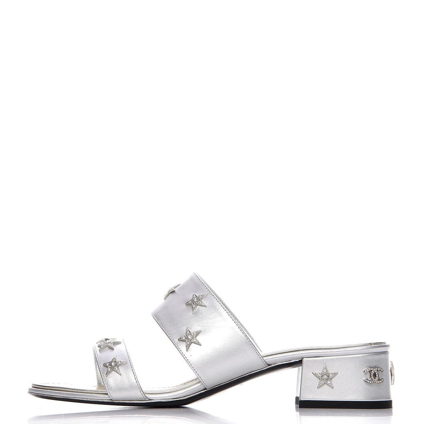 Iridescent Calfskin Crystal Stars Mules 39.5 Silver