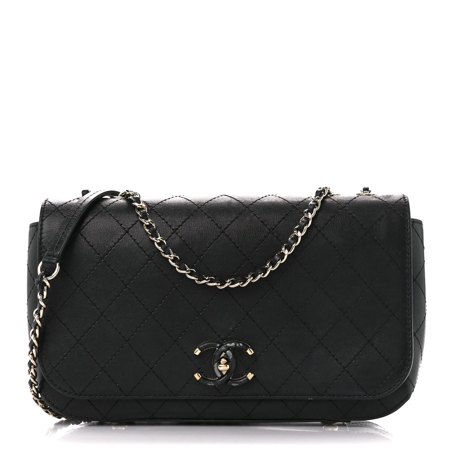 Calfskin Stitched Medium Covered CC Flap Bag Black