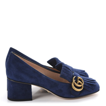 Gucci Kid Scamosciato GG Marmont Fringe 50mm Loafer Pumps 37 Blue Ink 4 of 10
