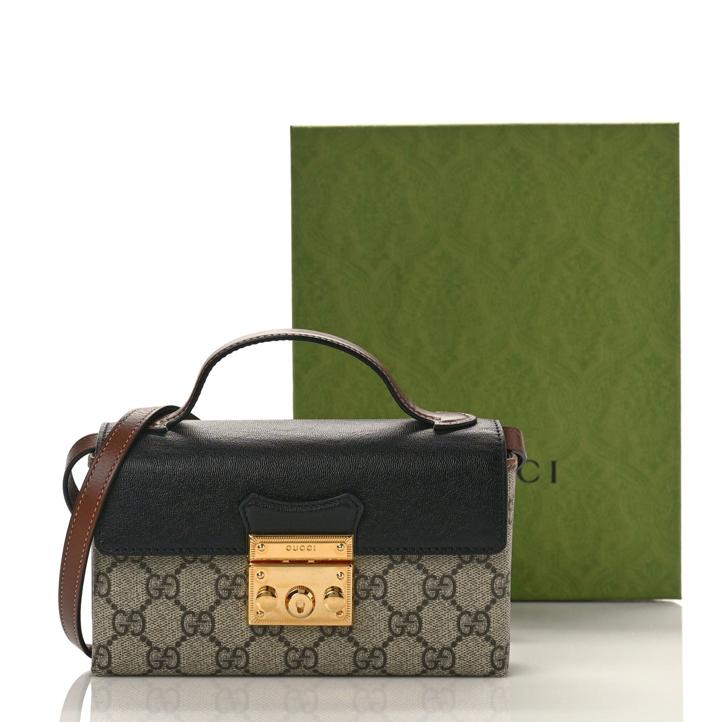 GG Supreme Monogram Calfskin Mini Padlock Top Handle Shoulder Bag Beige Black Cuir