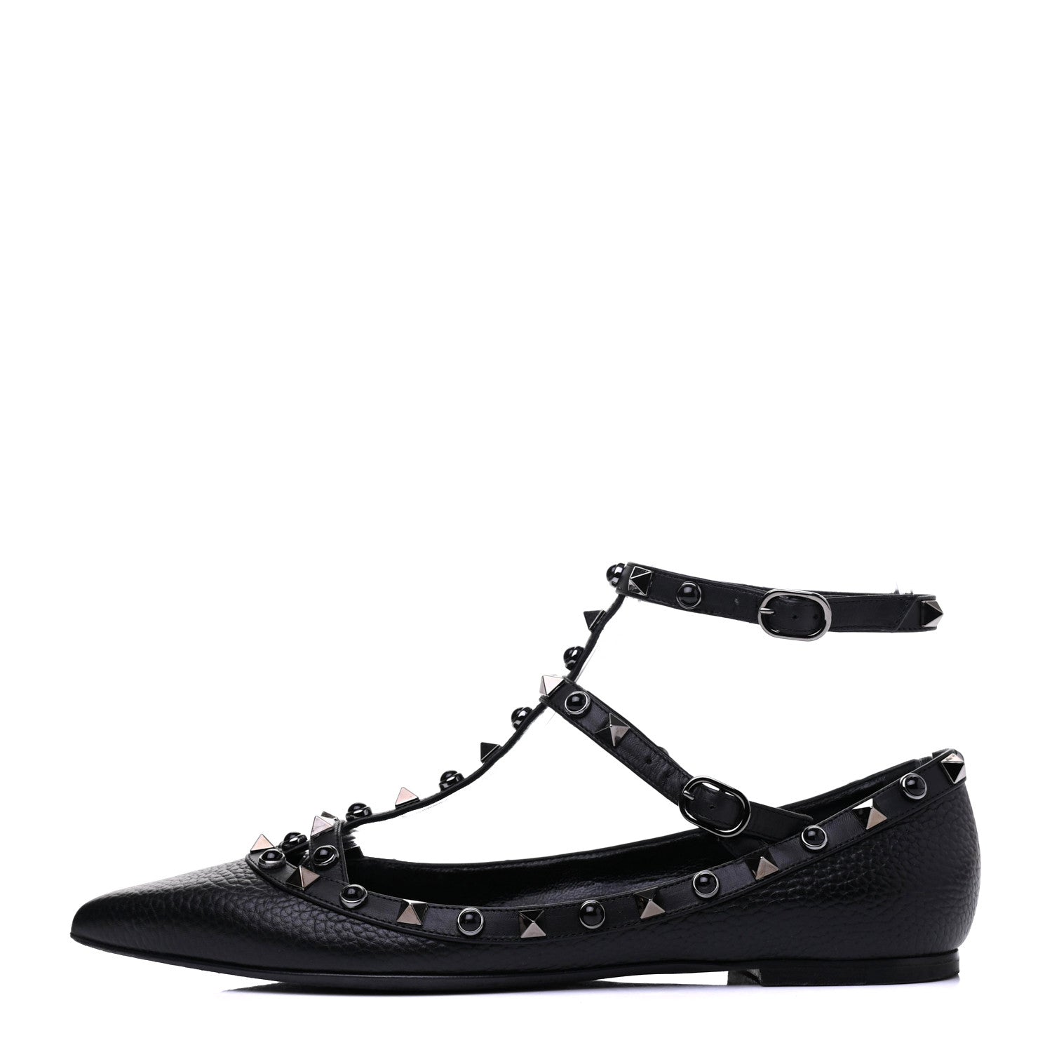 Valentino Garavani Pebbled Calfskin Onyx Rockstud Rolling Cage Ballerina Flats 38 Black 1 of 18