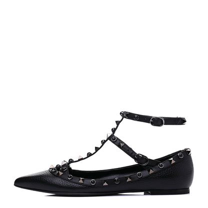 Valentino Garavani Pebbled Calfskin Onyx Rockstud Rolling Cage Ballerina Flats 38 Black 1 of 18