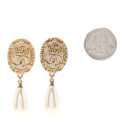 Chanel Crystal Pearl Crown CC Drop Earrings Gold 2 of 4