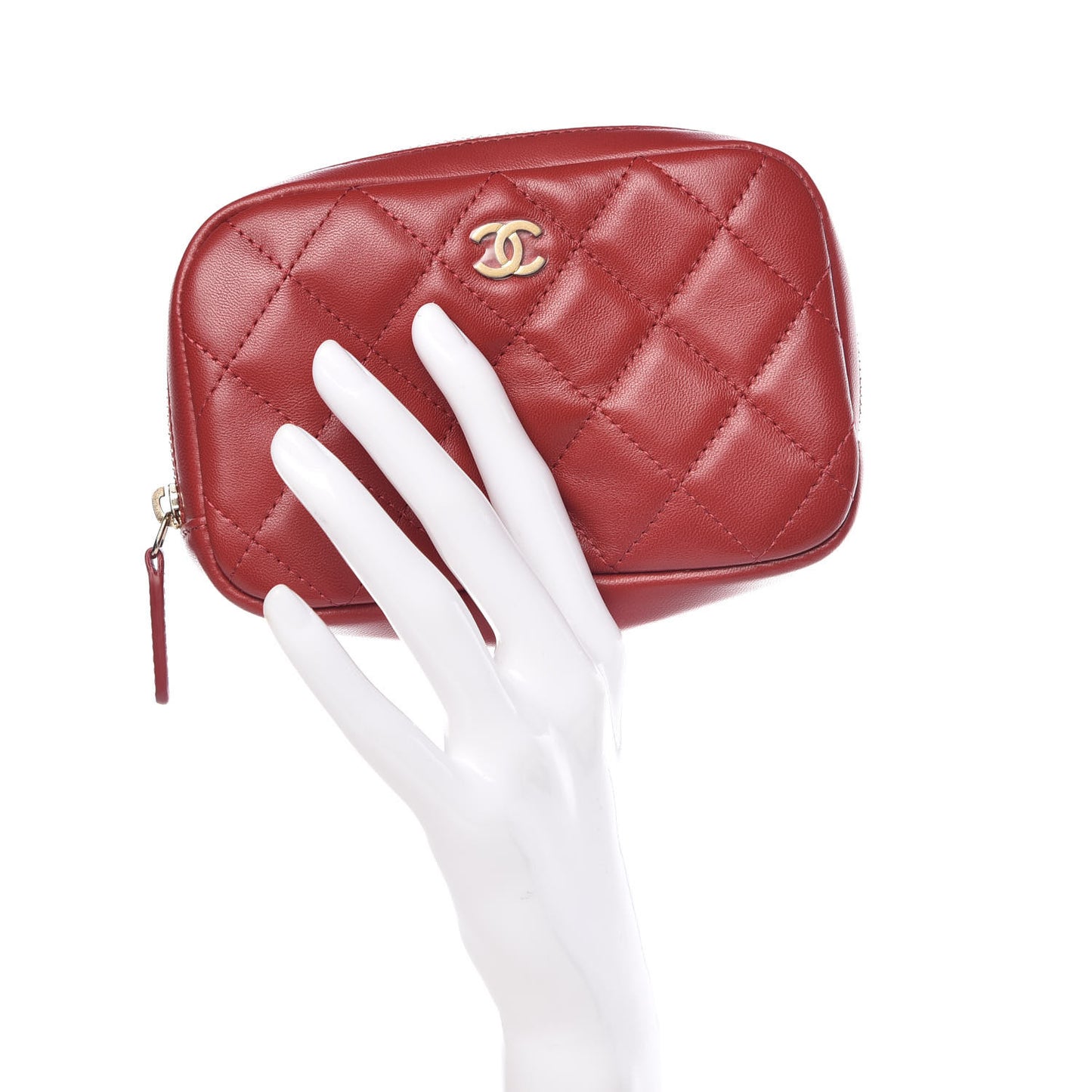 Lambskin Quilted Small Curvy Pouch Cosmetic Case Red