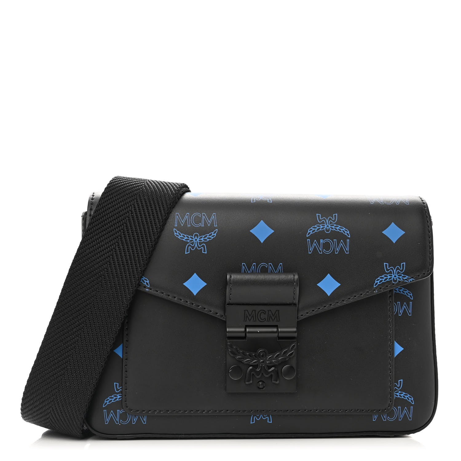MCM Calfskin Color Splash Logo Crossbody Small Black Blue 1 of 12
