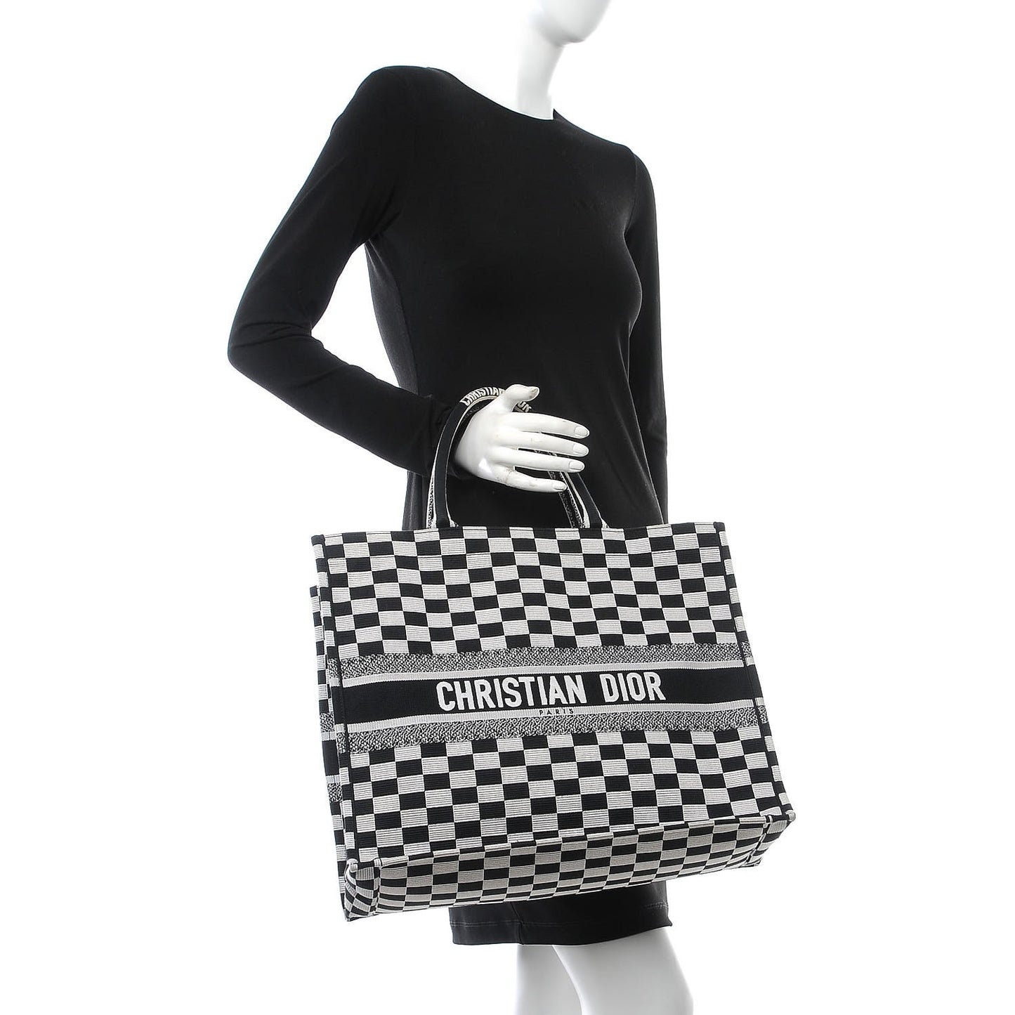Canvas Embroidered Checkered Book Tote Black White
