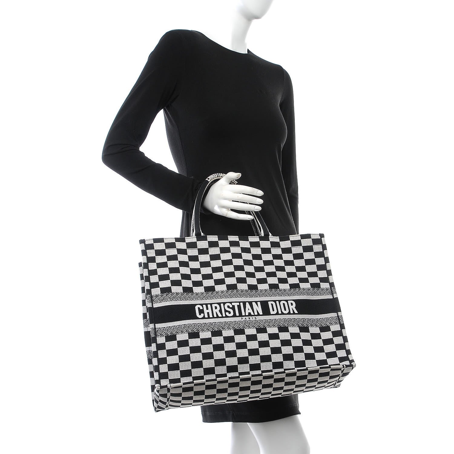 Christian Dior Canvas Embroidered Checkered Book Tote Black White 2 of 10