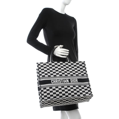 Christian Dior Canvas Embroidered Checkered Book Tote Black White 2 of 10