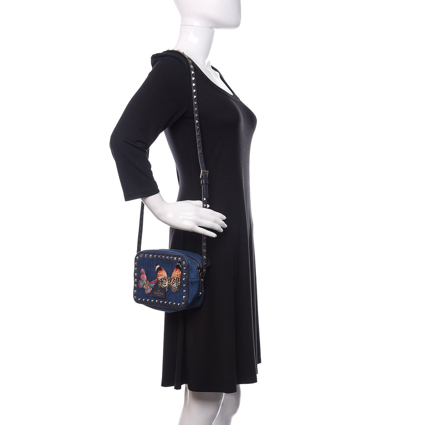 Denim Butterfly Embroidered Rockstud Camera Crossbody Bag Light Denim Multicolor