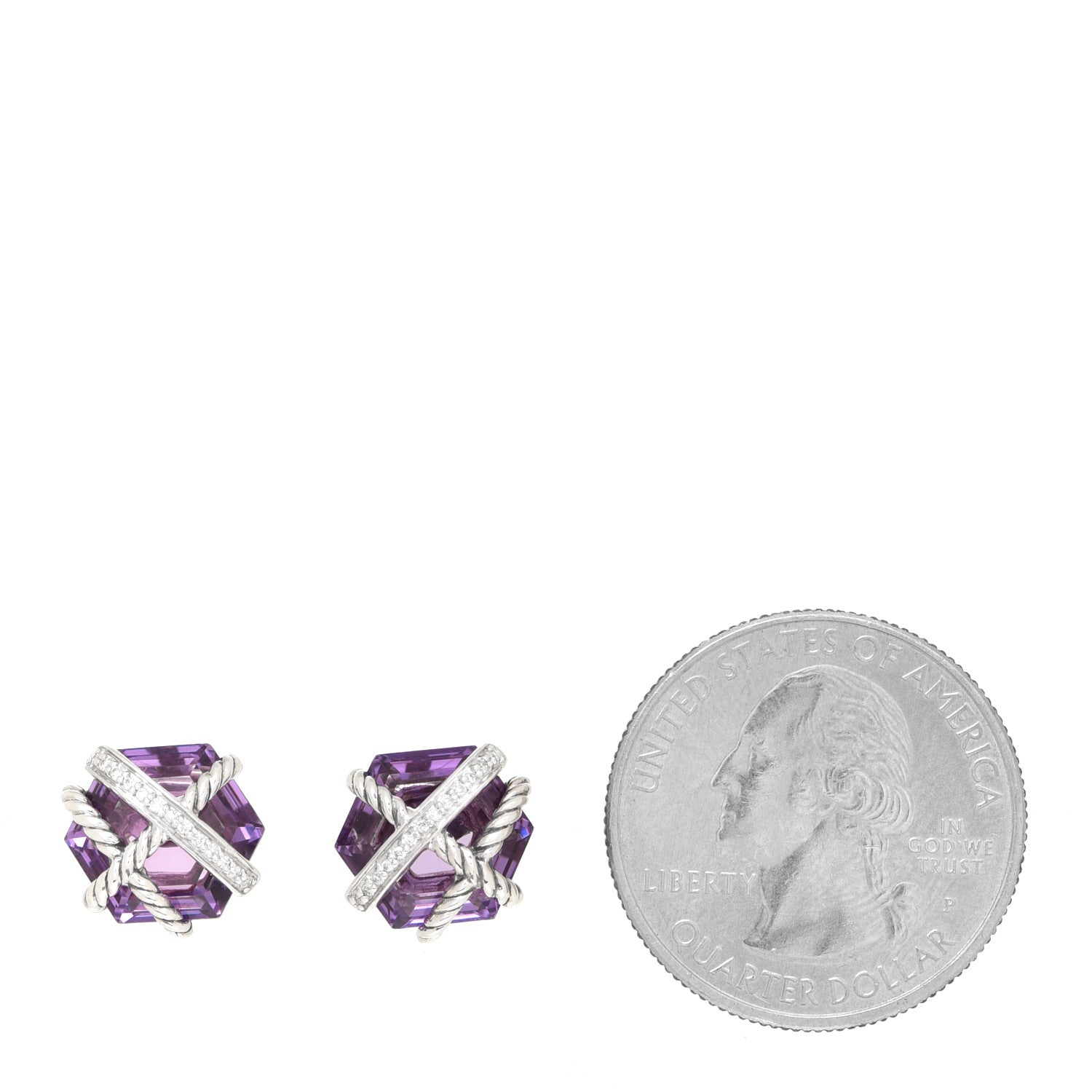 David Yurman Sterling Silver Diamond Amethyst 10mm Cable Wrap Earrings 2 of 5