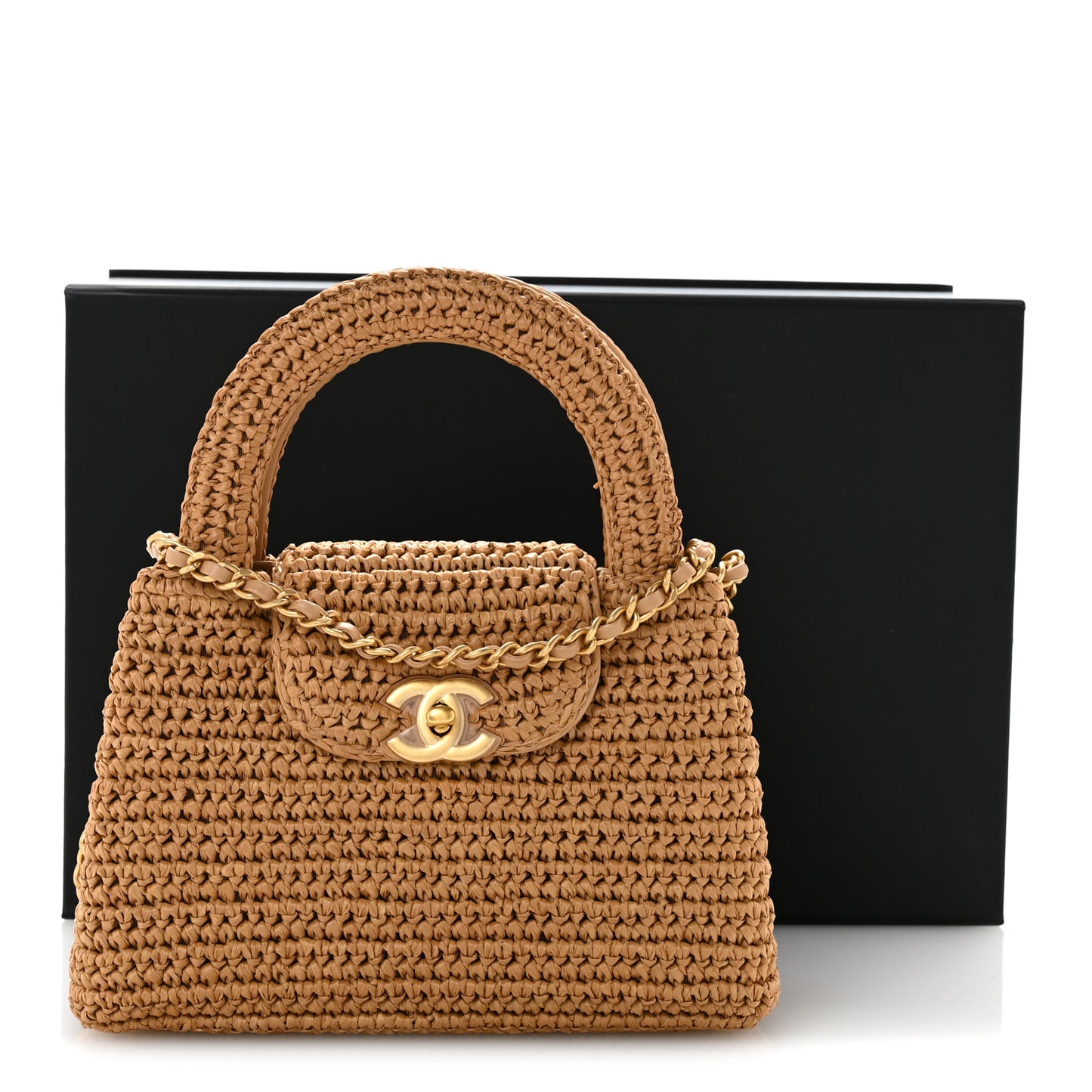 Braided Raffia Nano Kelly Flap Bag Dark Beige