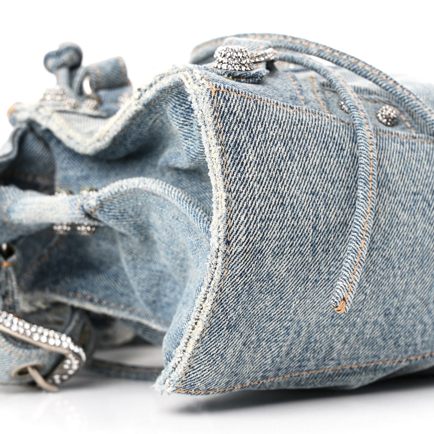 Washed Frayed Denim Crystal Neo Cagole Handbag XS Blue