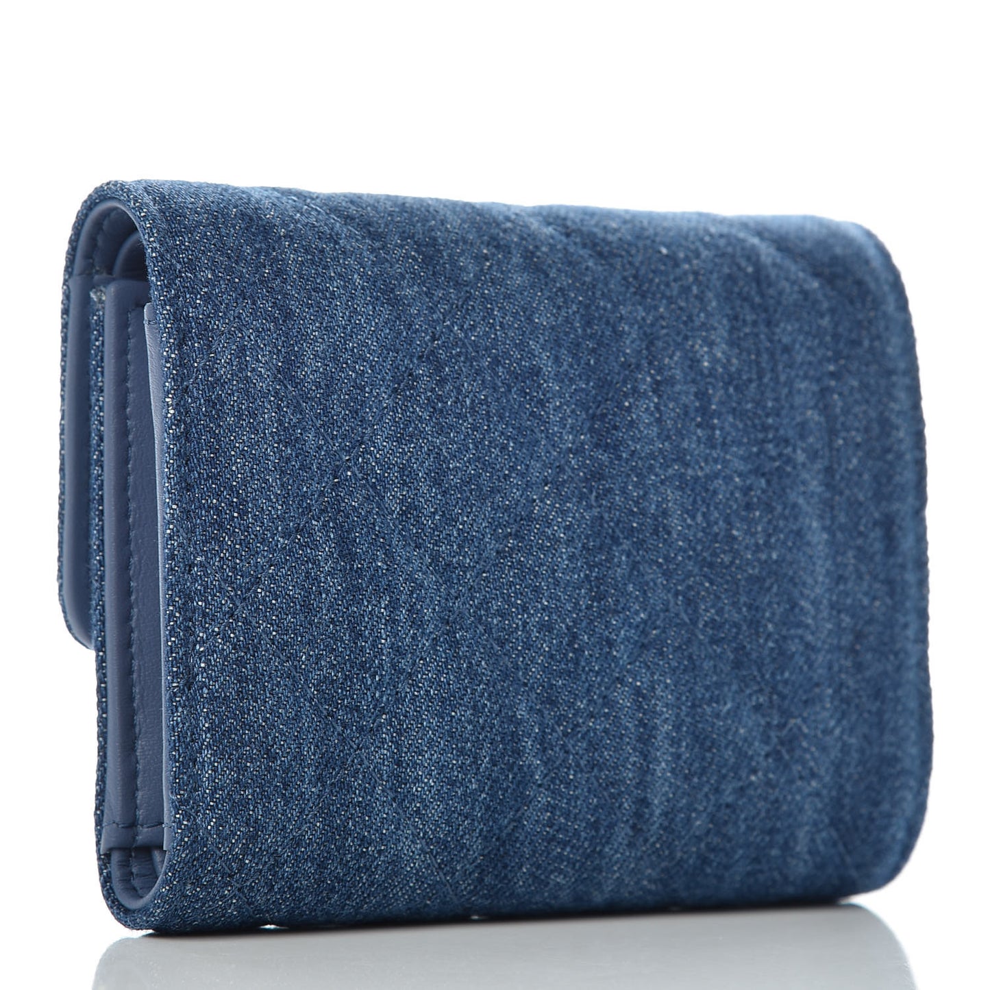Denim Quilted Small Camellia Flap Wallet Blue