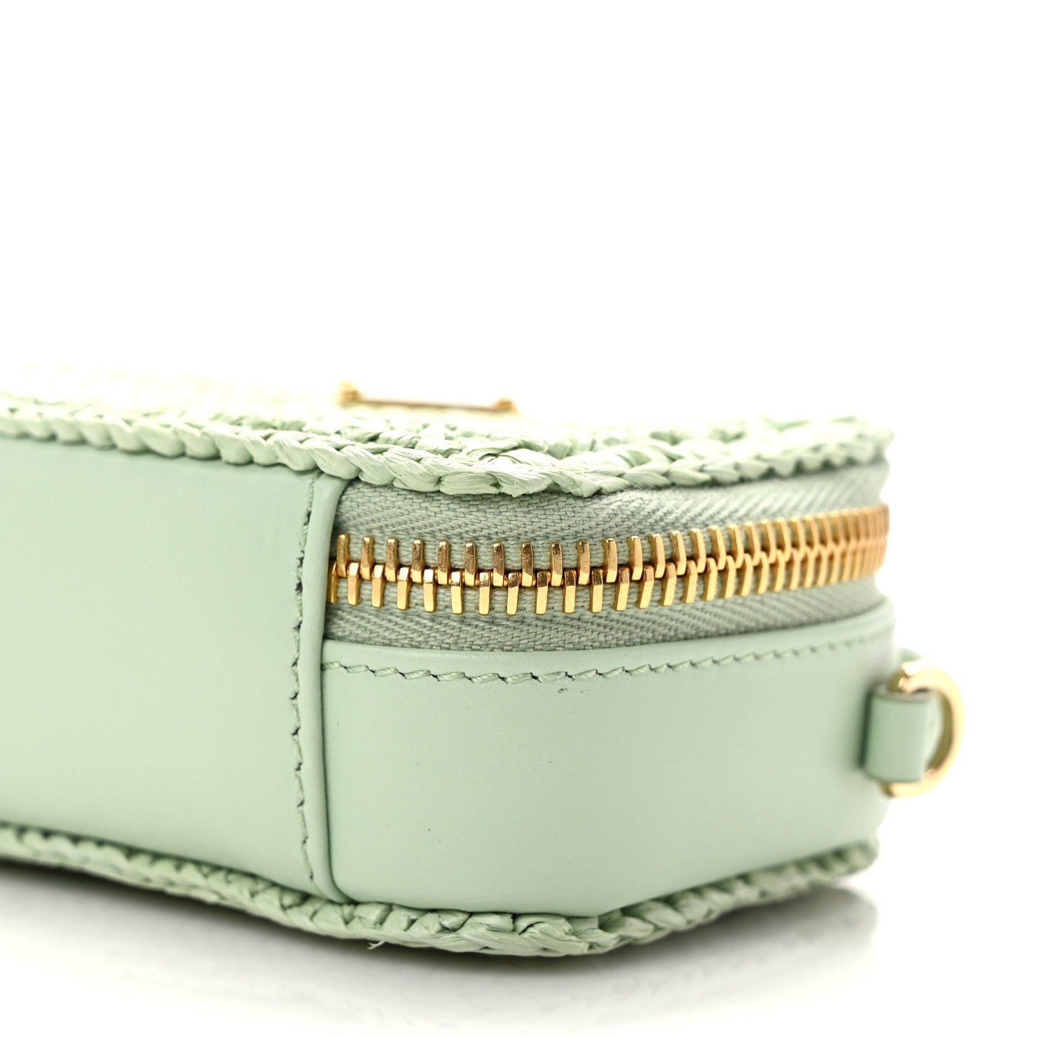 Prada Yarn Raffia Effect Calfskin Crochet Metal Triangle Logo Mini Pouch with Handle Acqua 9 of 10
