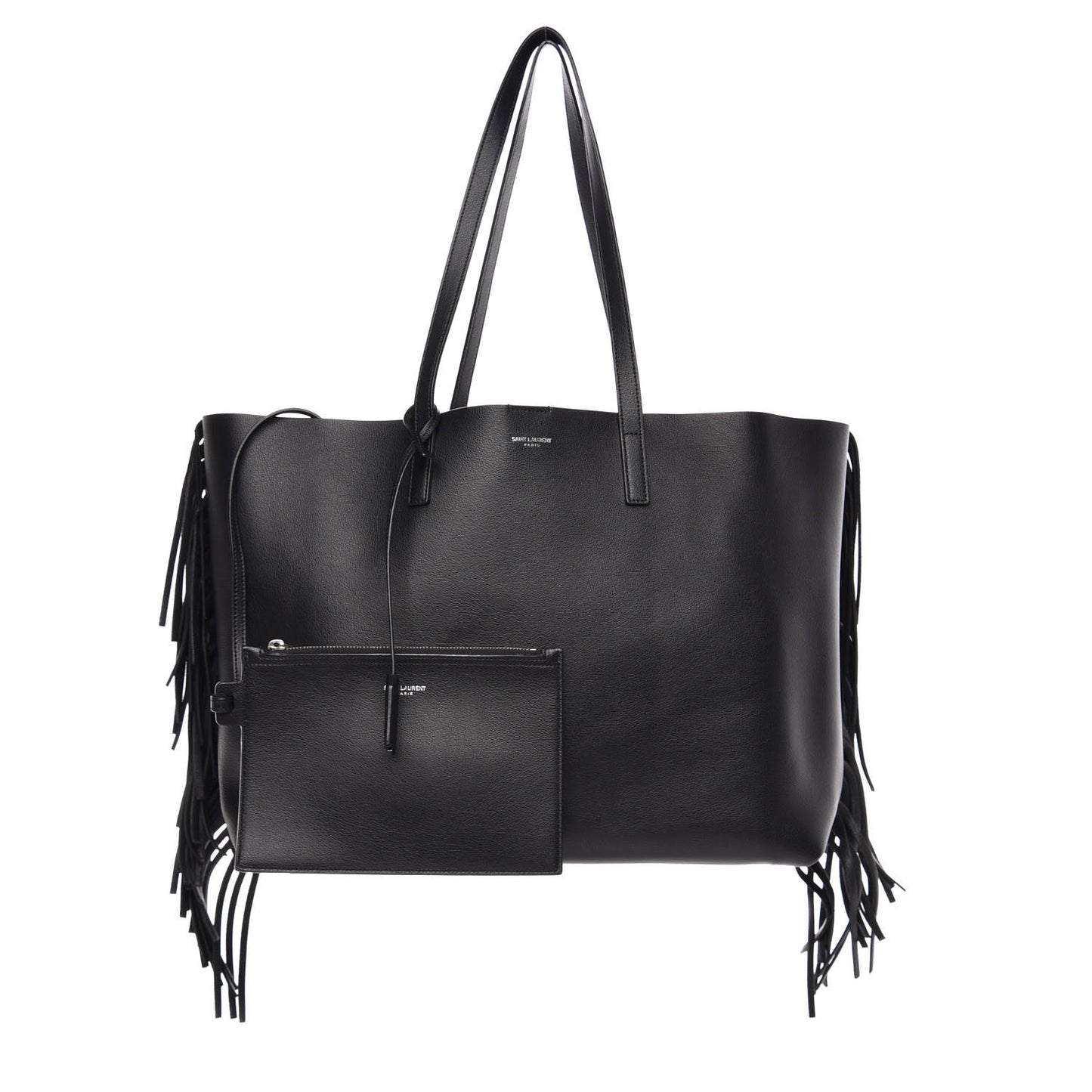 Calfskin Large Fringe Shopping Tote Black