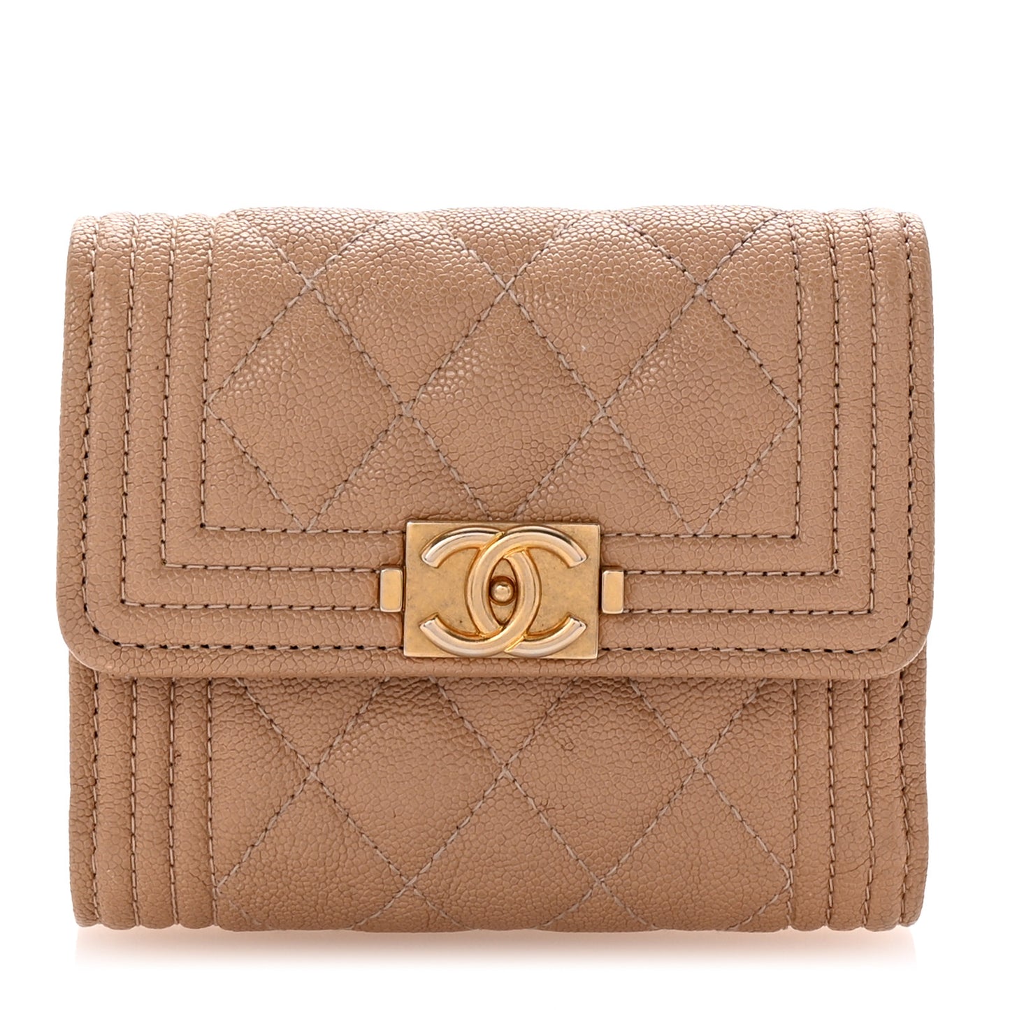 Caviar Quilted Compact Boy Flap Wallet Beige