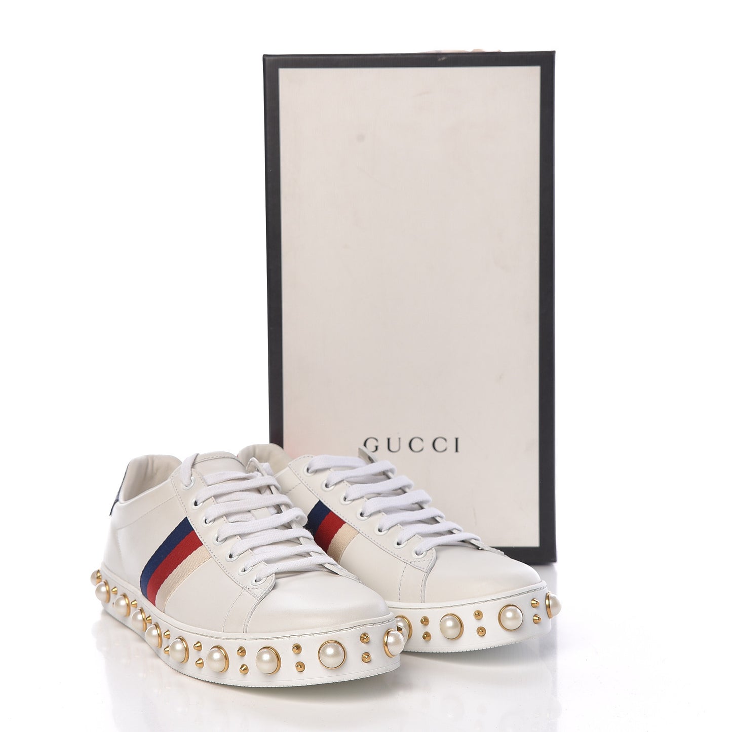 Calfskin Ayers Web Pearl Studded Womens Ace Sneakers 40.5 White