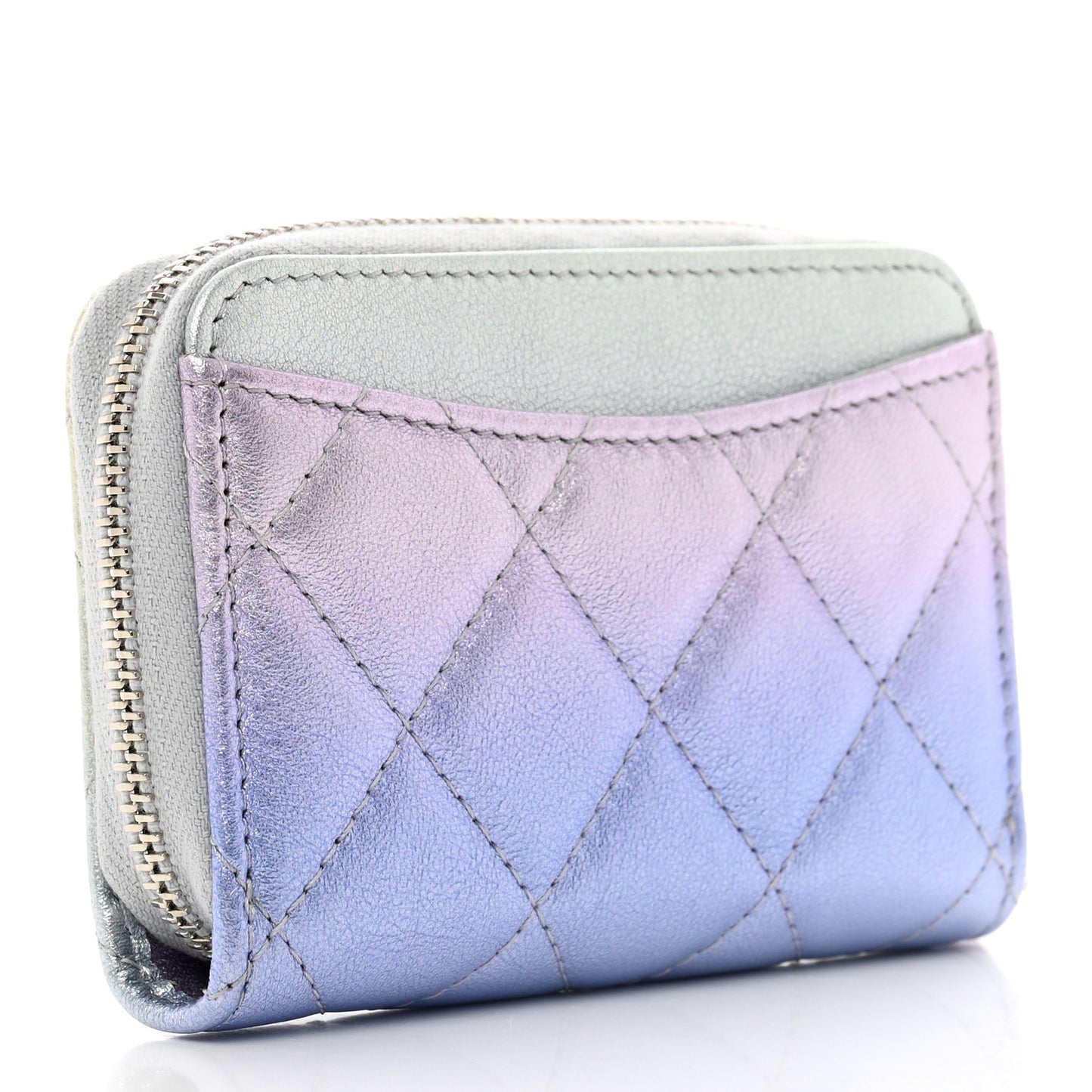 Gradient Metallic Calfskin Quilted Zip Around Coin Purse Wallet Silver Blue Yellow Purple