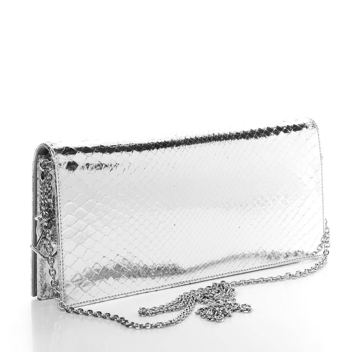 Metallic Snakeskin Lady Dior Croisiere Chain Clutch Silver