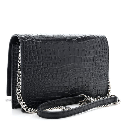 Saint Laurent Calfskin Crocodile Embossed Kate Monogram Tassel Chain Wallet Deep Marine 3 of 11