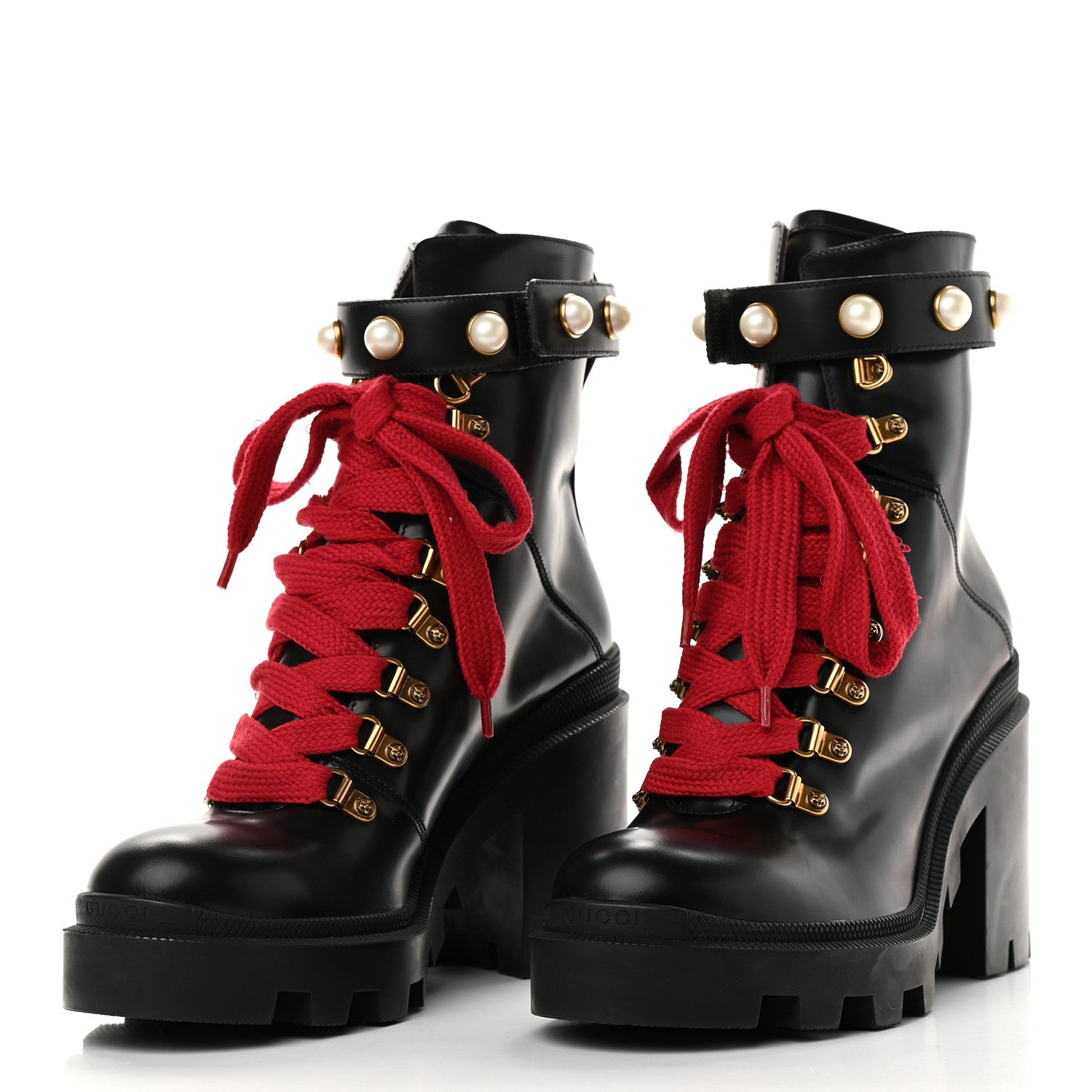 Gucci Magnum Calfskin Pearl Lace Up Combat Ankle Boots 39 Black 3 of 8