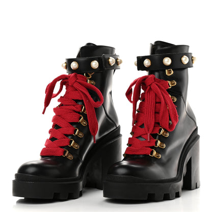 Gucci Magnum Calfskin Pearl Lace Up Combat Ankle Boots 39 Black 3 of 8